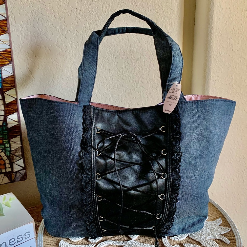 NWT Victoria’s Secret Denim & Satin Lace Up Tote
